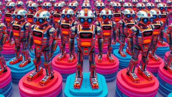 AI coding agent details: Retro robots on colorful platforms, vibrant colors, digital symmetry.