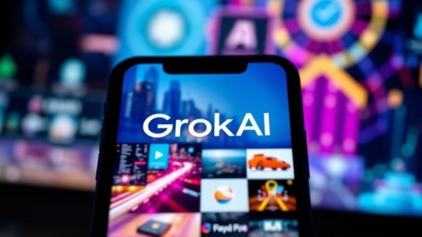 Close-up of smartphone with Grok AI logo against vibrant screen, Grok AI child safety concerns.