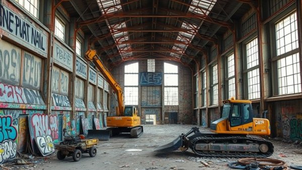 Bywater Navy base redevelopment at graffiti-covered site with equipment.