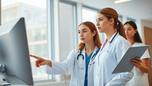 Doctors discussing AI features in EHR platforms on computer screen.