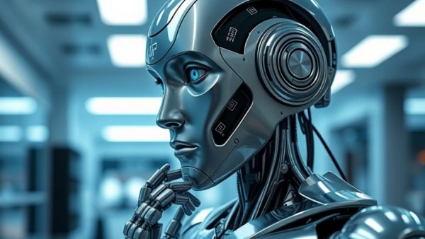 Futuristic robot pondering AI technology trends in sci-fi setting.