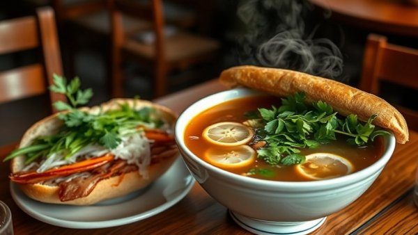 Bowl of pho and banh mi on a table in one of the best pho restaurants in Atlanta.