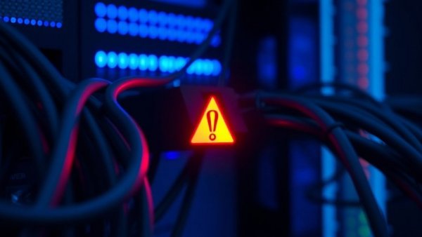 Glowing red warning sign among network cables indicating alert.