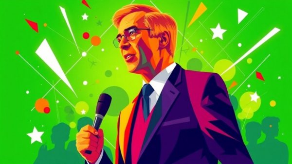 Abstract portrayal of a man speaking, colorful silhouettes with OpenAI theme.