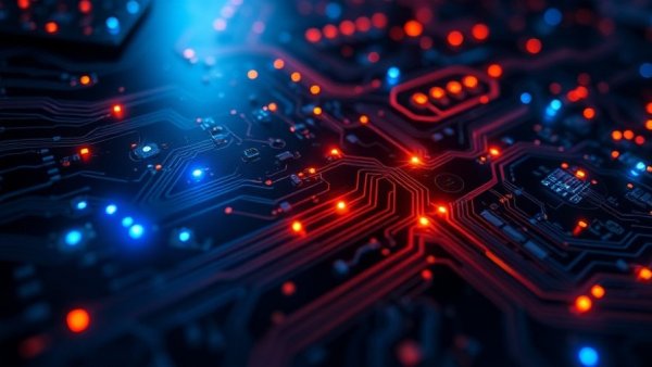 Futuristic quantum computer circuit board with glowing blue and orange lights, representing cooling quantum computers using noise.
