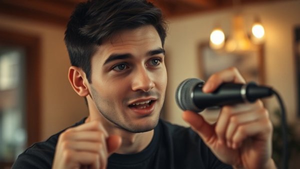 Confident young man discussing AI in art in a warm indoor setting.