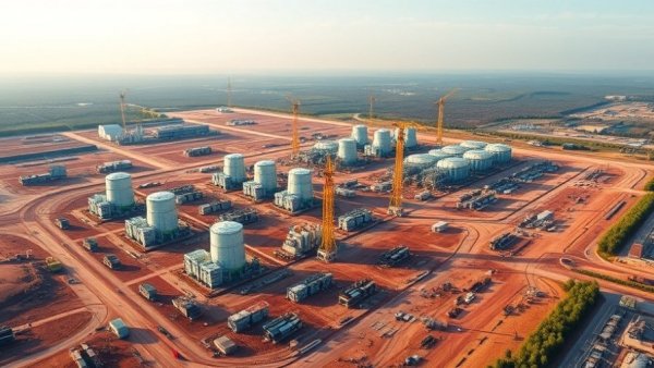 Aerial view of data center with gas turbines under construction.