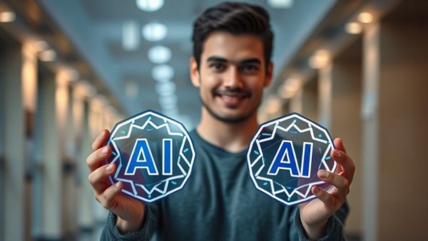 AI creativity decision-making with young man holding AI logos.