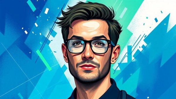 Stylized grayscale portrait of man with vibrant geometric backdrop reflecting Nvidia investment in OpenAI.