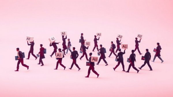 Colorful silhouettes with AI blocks depict AI layoffs concept.