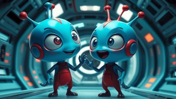 Cartoon aliens interacting inside a spaceship; AI online security theme.