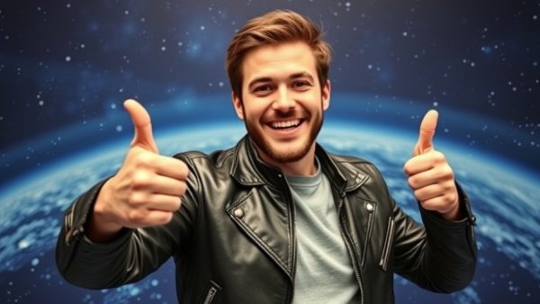 Enthusiastic gesture against space-themed backdrop, data centers in space.