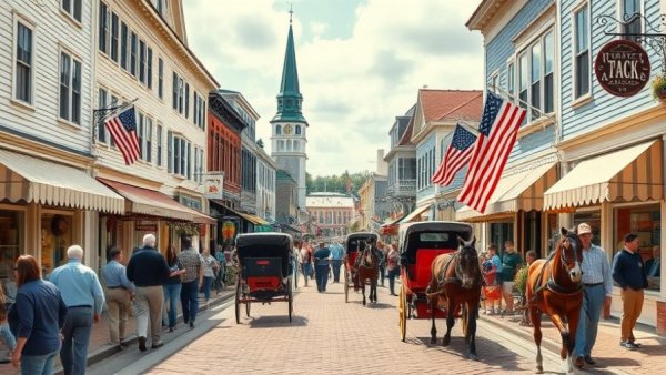 1 Day Itinerary for Mackinac Island showcasing lively street with carriages.