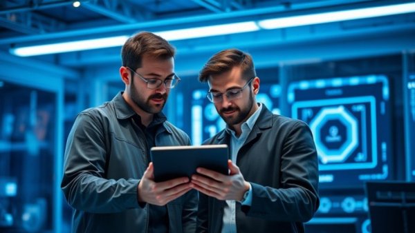 Professionals discussing quantum computing risks in healthcare lab.