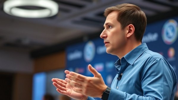 Speaker discussing AI advertising strategy at tech conference.