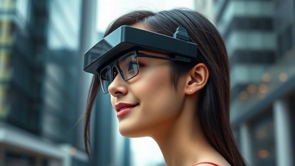 Woman with AR glasses embracing future technology outdoors.