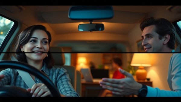 Split-screen video discussing audio-to-video technology, woman driving and man speaking.