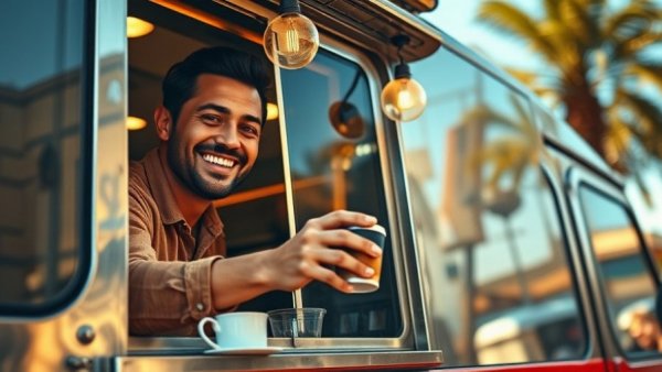 Nashville food truck server handing coffee under sunny sky