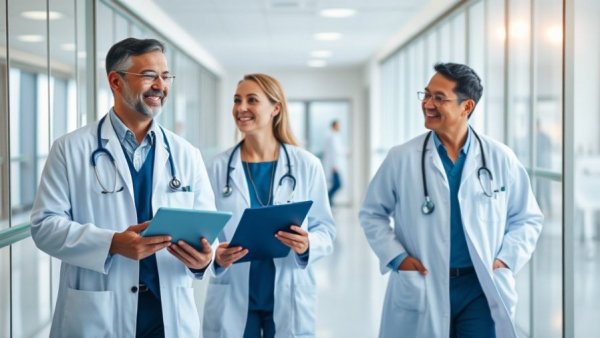 Doctors in hospital discussing patient case with technology