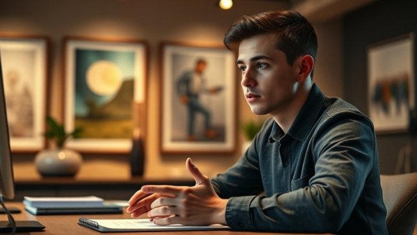 Young man engaged in a presentation at a desk, illustrating AI creativity.
