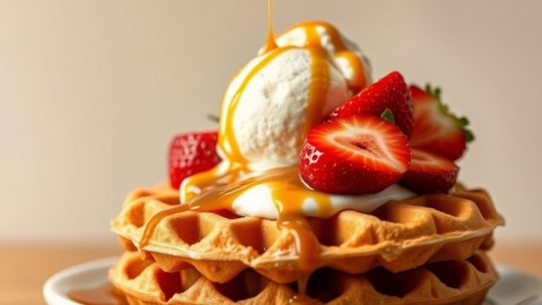 Decadent waffle with strawberries and ice cream at Atlanta brunch spot.