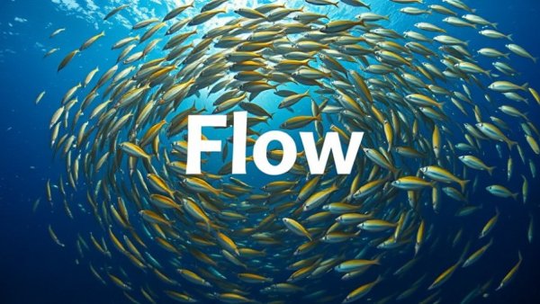 Dynamic image with word 'Flow' encircled by a school of fish, symbolizing Google Flow trademark.