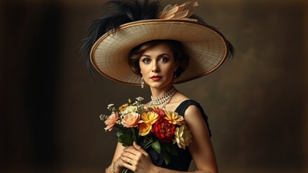 Vintage portrait: woman in carnival attire with hat, dim backdrop
