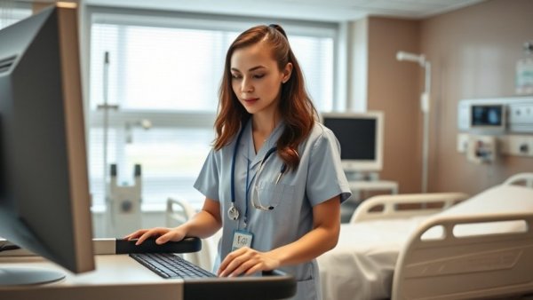 Healthcare professional using computer with intelligent virtual assistants in hospital.