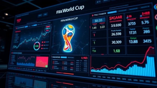 Digital display of FIFA World Cup financial data with charts.
