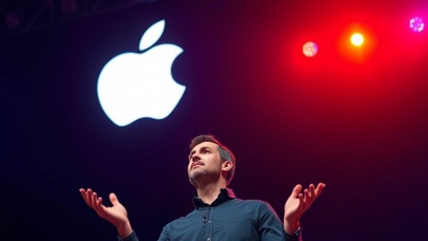 Apple Siri revamp delay concept with Apple logo and presenter.