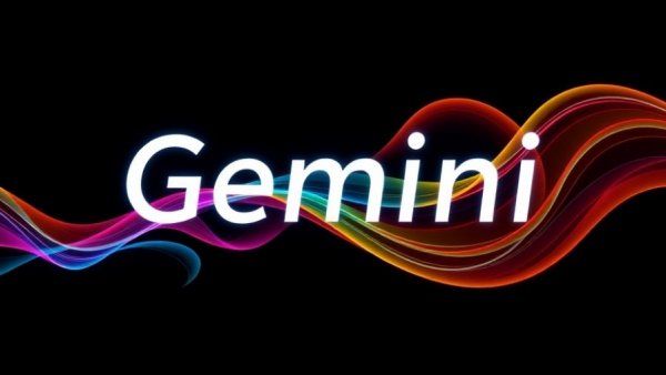 Gemini logo with AI-inspired colorful wave on dark background.