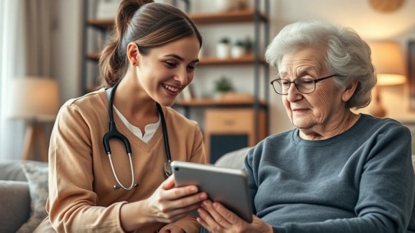 Young nurse helping elderly woman with tablet, aging technology innovations.