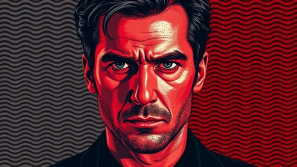 Stylized man's portrait, serious expression, abstract wavy background.