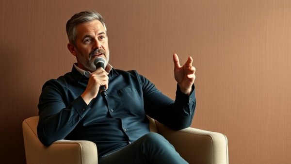 Engaged speaker discussing AI features in Airbnb, seated on armchair.