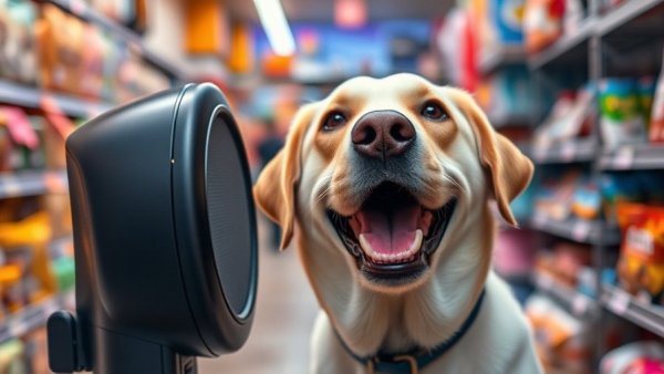 Happy Labrador with man speaking in pet store aisle showcasing AI creativity.