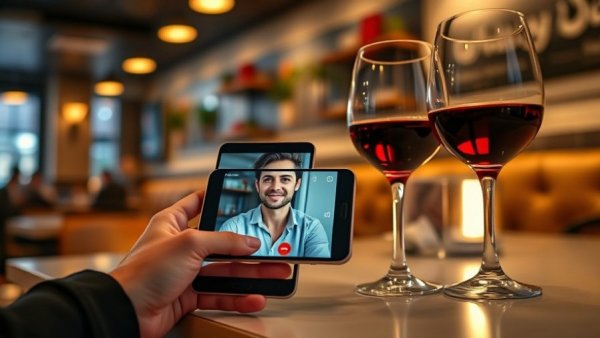 AI companionship dating pop-up showing video call in a restaurant setting.