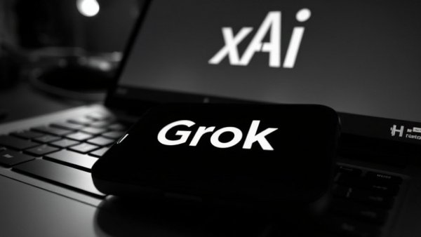 Grok and xAI logos on smartphone and laptop.