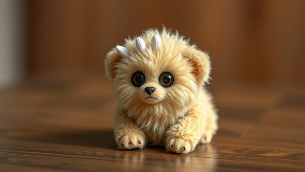 Fluffy beige robotic pet on a table, showcasing AI pet companion challenges.