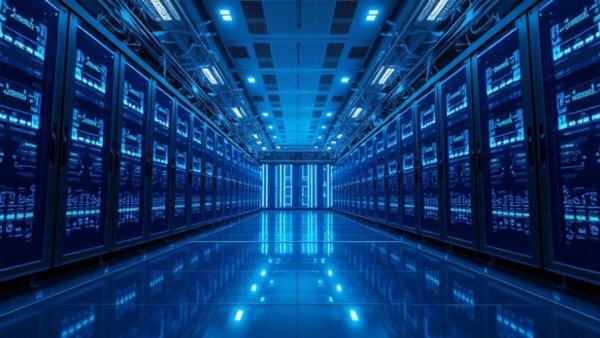 Futuristic AI data center with blue LED lights emphasizing power efficiency.