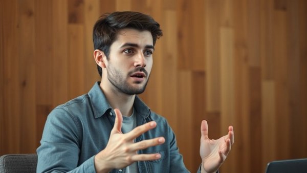 AI creativity discussion with expressive speaker indoors.