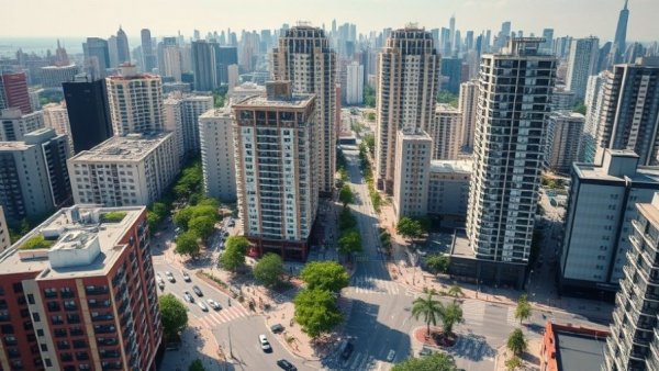 Downtown condo glut depicted in cityscape with high-rise buildings.