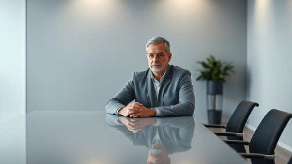 Man in blue shirt sitting at a modern table, health technology backdrop.