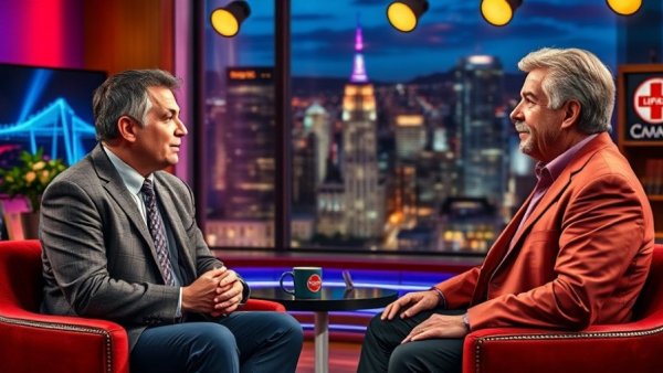 Discussion on late-night TV set, colorful studio, FCC impact.