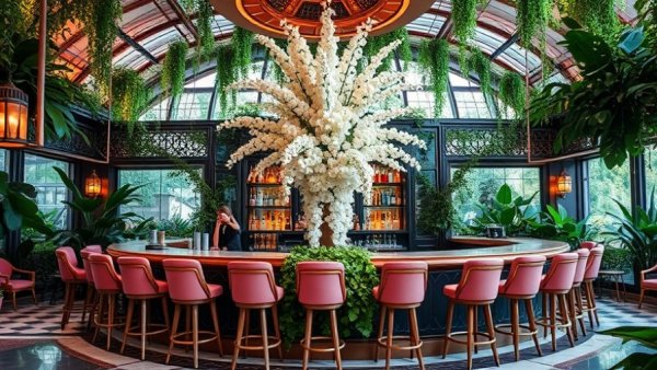 Elegant bar with floral decor in Atlanta restaurant, lush greenery, bright lighting.