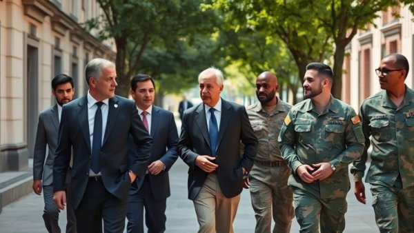 Professionals and military personnel discussing outside Pentagon on AI integration.