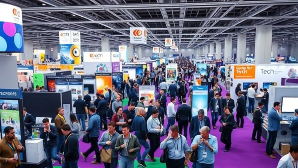 AI healthcare technology conference with vibrant exhibits and attendees.