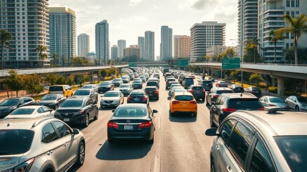 Metro Express traffic delays Miami cityscape vibrant sunlight.