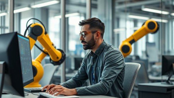 Advanced robotics workspace with engineer analyzing data, Intrinsic AI.