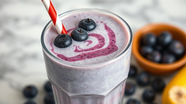Smoothie in glass with red-striped straw, blueberry banana flavor.