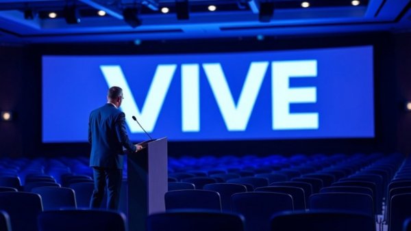 Speaker at health technology conference, VIVE backdrop.